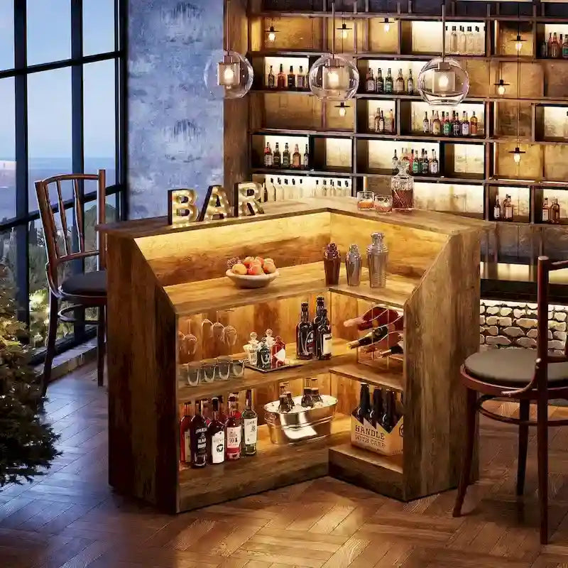 Meuble de bar en L avec porte-verres à pied pour bar à domicile
