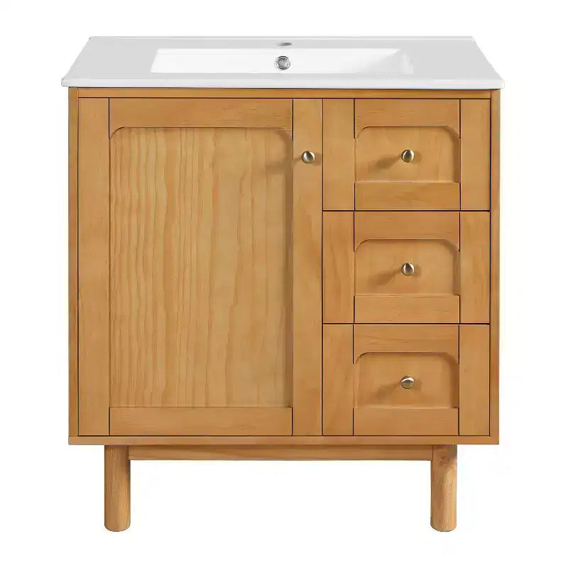 JVNOXK 30-inch rustiek-moderne keramische wastafelkast met 3 laden en 1 grote deur met softclose, opbergkast, natuurlijke houtnerf