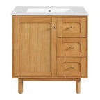 JVNOXK 30-inch rustiek-moderne keramische wastafelkast met 3 laden en 1 grote deur met softclose, opbergkast, natuurlijke houtnerf