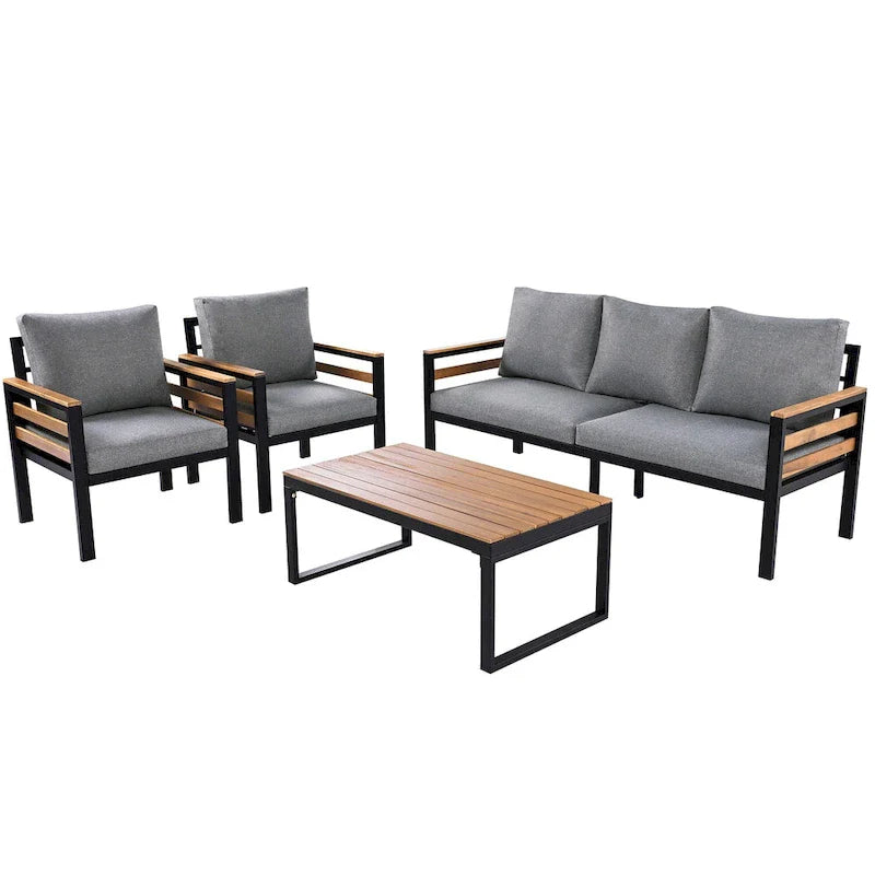 Ensemble de canapé d’extérieur de 4 pièces pour 5 personnes avec table basse en bois massif et coussins amovibles