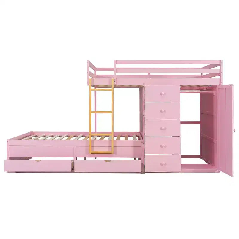 Lit superposé deux places sur deux places avec armoire de rangement et tiroirs, lit superposé en bois deux places gain de place avec barrière de sécurité pour appartement et chambre