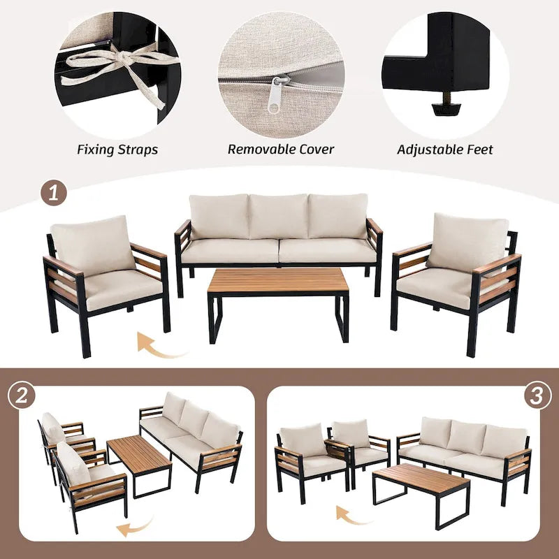 Ensemble de canapé d’extérieur de 4 pièces pour 5 personnes avec table basse en bois massif et coussins amovibles