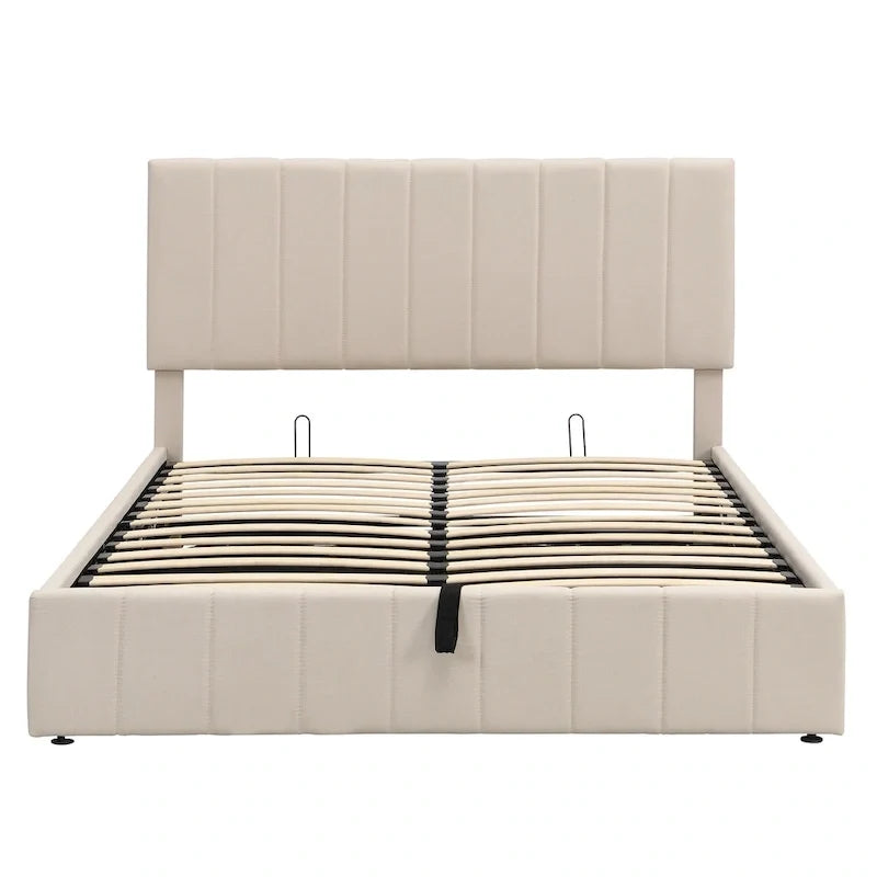 Lit plateforme queen-size rembourré avec système de rangement hydraulique - beige