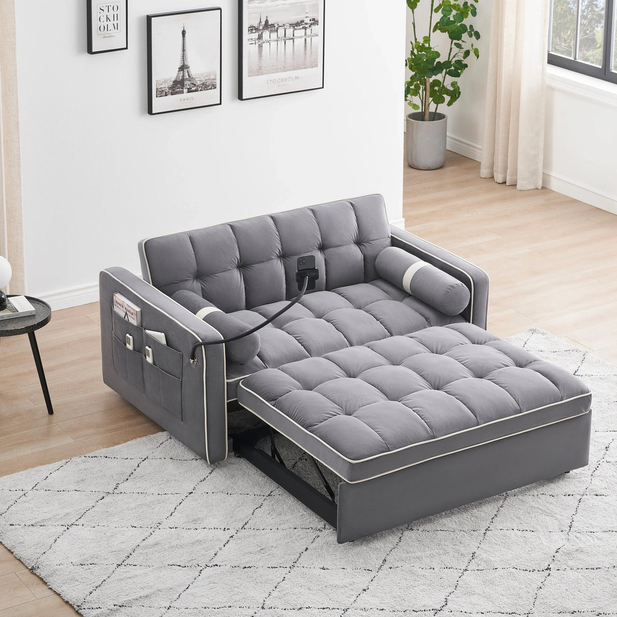 Samt-Schlafsofa für 2 Personen, 55 Zoll, mit Ausziehbett, verstellbarer Rückenlehne, Seitentaschen und Handyhalterung