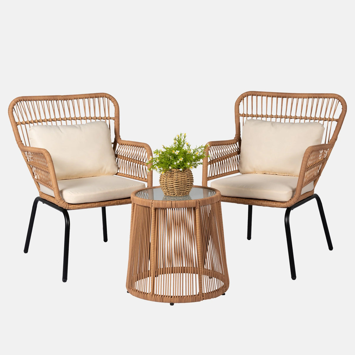 3-delige bistroset van wicker voor buiten, weerbestendige rotan tuinmeubelset met stoelen en kussens