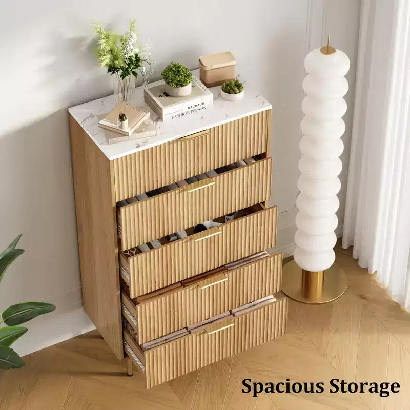 White / Marble & Wood 5-Drawer Dresser ?C Fluted Panel, for 1 Person Use