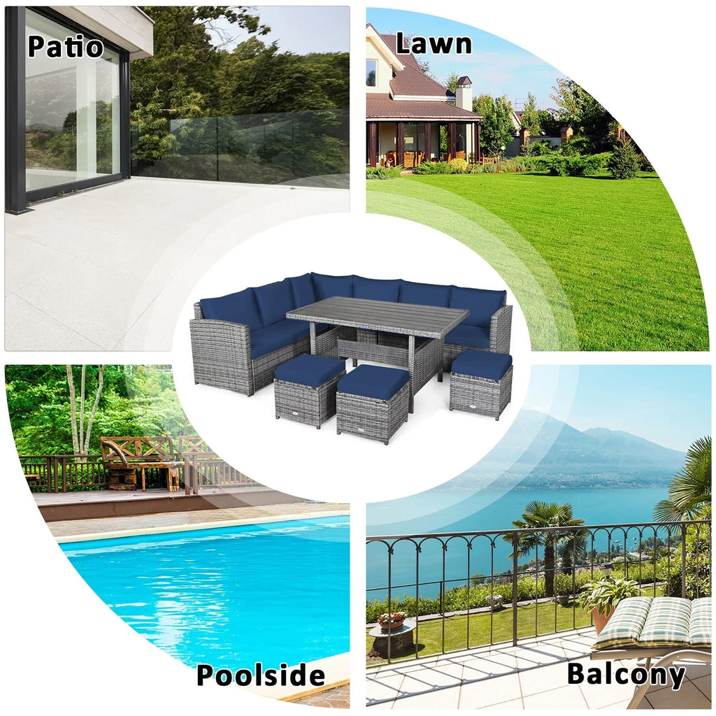 Costway Ensemble repas de jardin en rotin de 7 pièces, canapé d’angle, canapé et pouf — Voir les détails