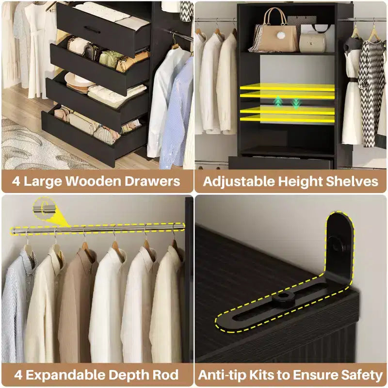 Besiost Holz-Kleiderschrank-Organizersystem für 1,2–2,7 m mit 4 Schubladen, 4 Kleiderstangen und Regaltürmen