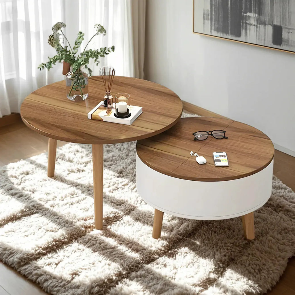 Moderner runder Couchtisch aus schwarzem und weißem Holz mit Stauraum