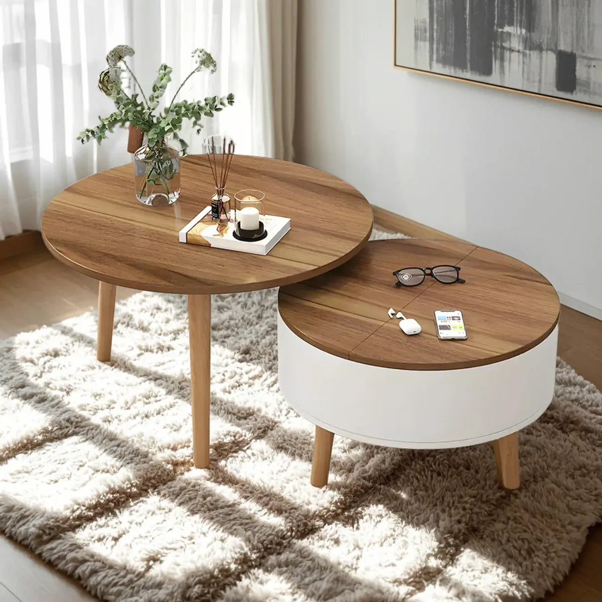 Moderner runder Couchtisch aus schwarzem und weißem Holz mit Stauraum