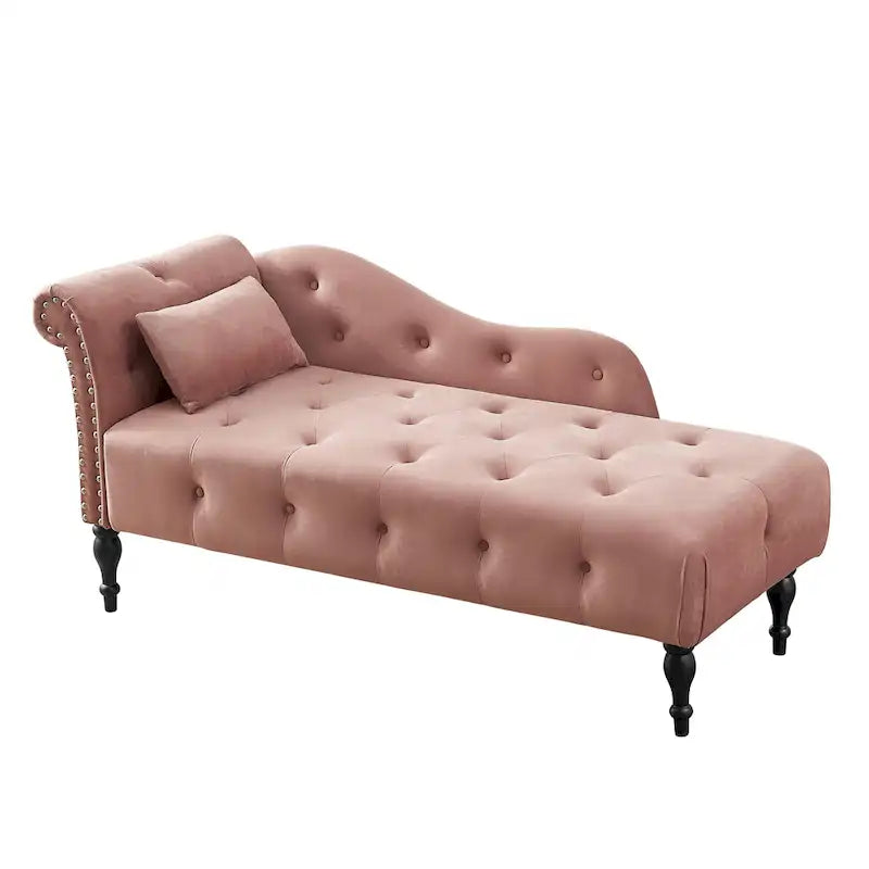 Chaise longue moderne de 60,6 po, capitonnée en velours avec boutons, pieds en bois massif et clous décoratifs