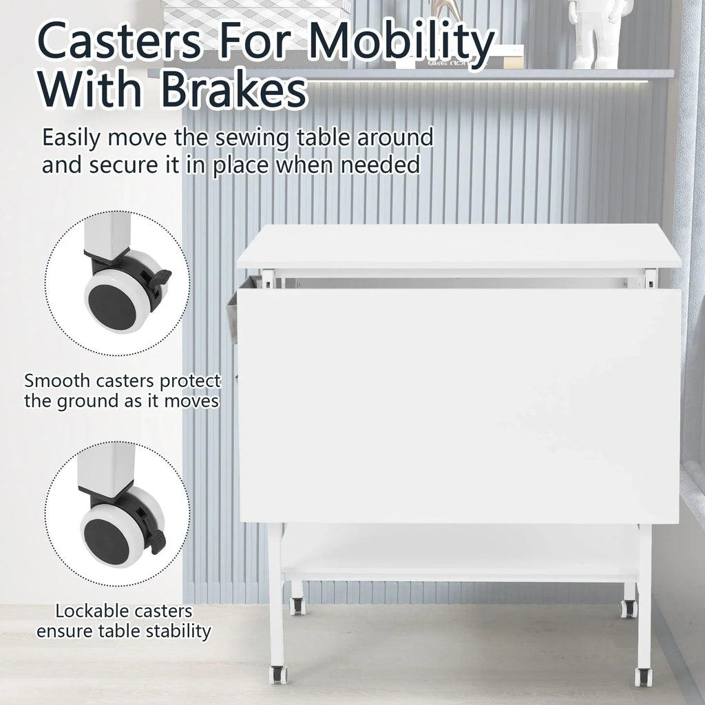 Table de bricolage réglable en hauteur avec étagères de rangement, table de découpe pliante mobile pour bureau à domicile, salle de couture ou atelier créatif