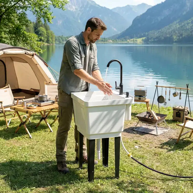 Évier utilitaire portable avec bac à linge, évier sur pied avec robinet, distributeur de savon et tuyaux