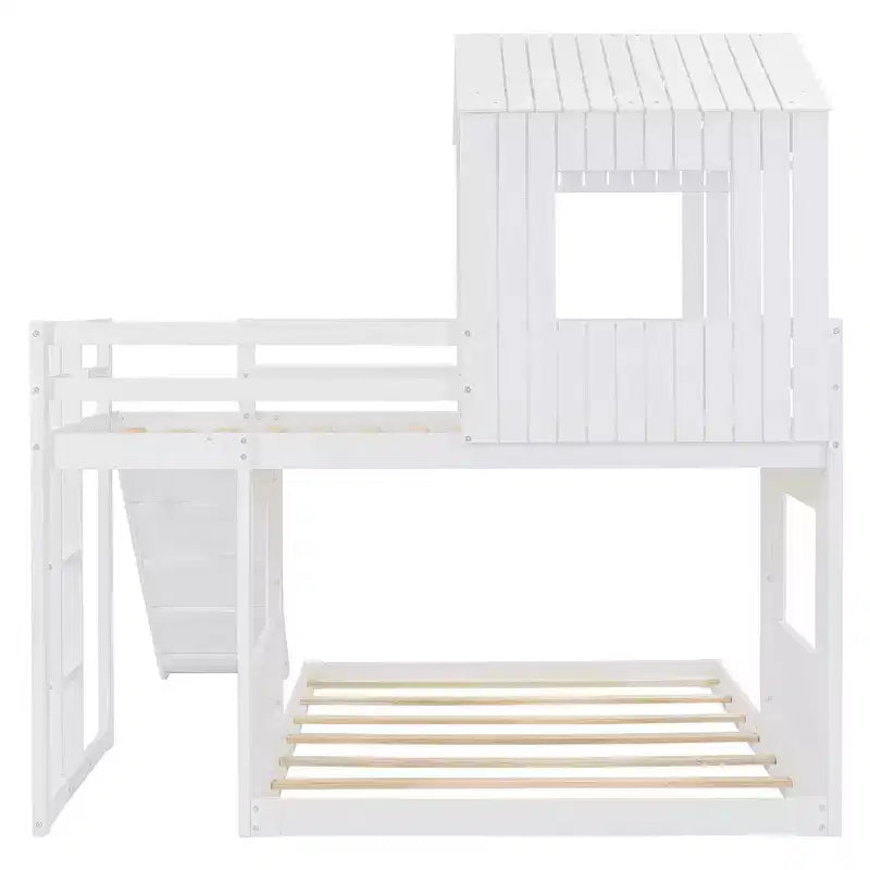 Luxystar Etagenbett aus Holz in Twin-über-Full-Größe mit Spielhaus, Rutsche und Schutzgittern