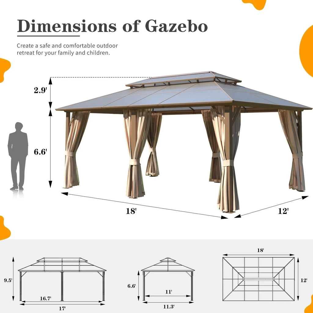 EROMMY Pavillon mit festem Dach, Outdoor-Pergola mit Doppeldach, Netzvorhängen und Vorhängen, robustes Vordach für Terrasse, Garten und Poolpartys