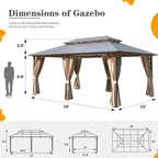 EROMMY Pavillon mit festem Dach, Outdoor-Pergola mit Doppeldach, Netzvorhängen und Vorhängen, robustes Vordach für Terrasse, Garten und Poolpartys
