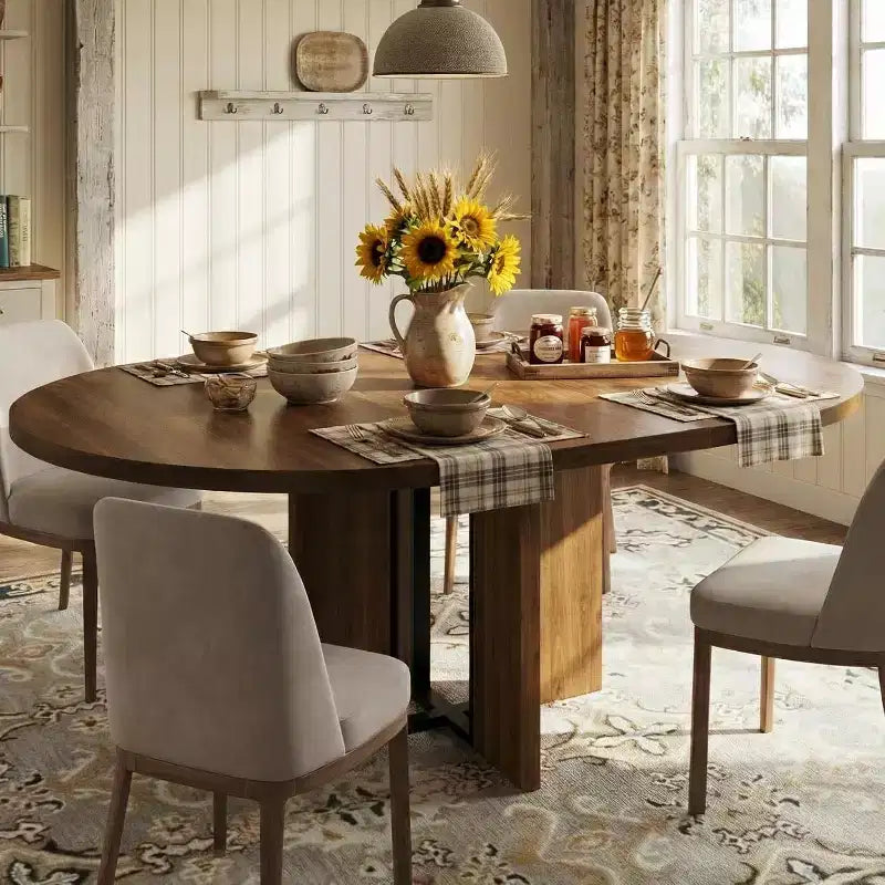 Table à manger ronde extensible de 47 à 63 po pour 4 à 8 personnes, table de cuisine extensible en bois de style champêtre avec structure en métal, table ovale gain de place pour appartement, gris rétro