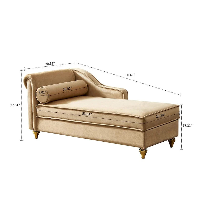 Fauteuil méridienne élégant français en velours avec revêtement rembourré et rangement, avec coussin