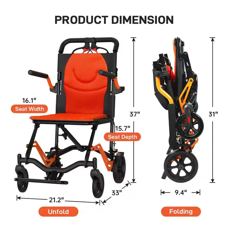 Fauteuil roulant de transport pliable ultraléger, capacité de 220 lb, cadre en aluminium de 18 lb, assise de 16,2, accoudoirs et repose-pieds amovibles, frein à main verrouillable