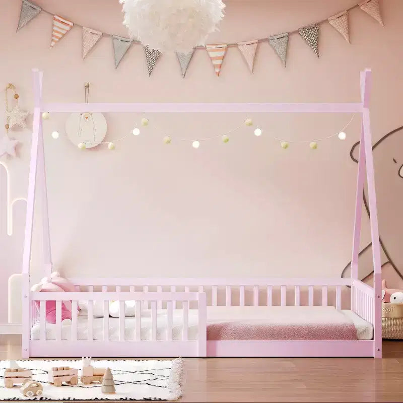 Bodenbett für Kinder, Zeltbett in Einzelgröße, Montessori-Bodenbett mit Lattenrost und Schutzgittern, Holzhaus-Bettrahmen für Jungen und Mädchen