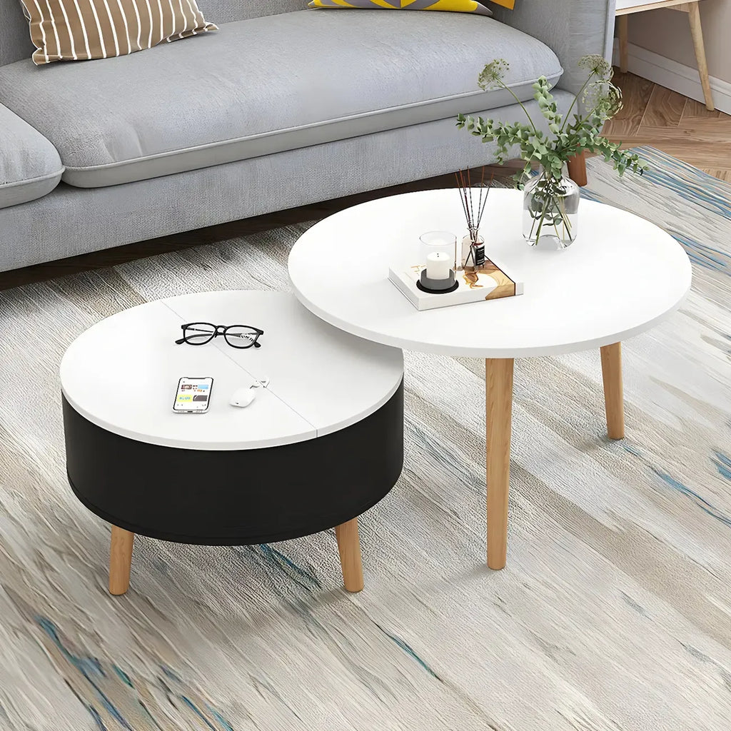 Moderner runder Couchtisch aus schwarzem und weißem Holz mit Stauraum