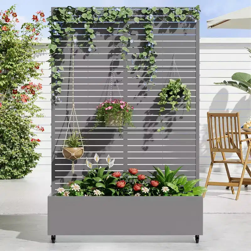 Jardinière MAYEERTY avec treillis, gris fer, persiennes, style classique, 72 x 35 x 16 po, ensemble de 3 pièces