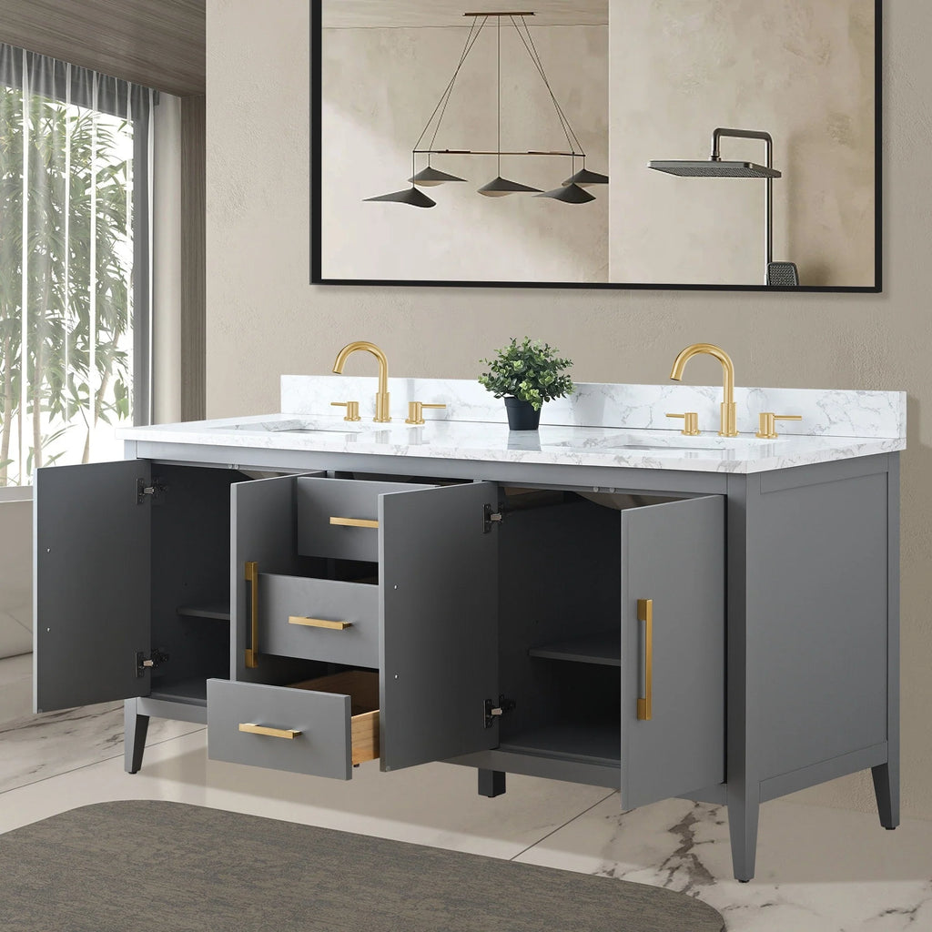 Vanity Art 72 badkamermeubel met dubbele wastafel en blad van composietmarmer