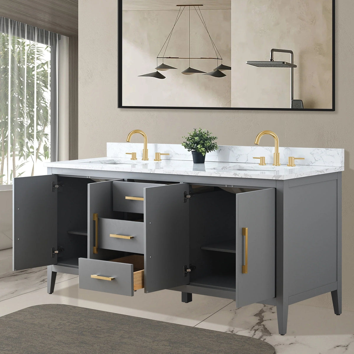 Vanity Art 72 badkamermeubel met dubbele wastafel en blad van composietmarmer