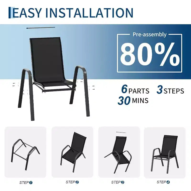Chaises de patio, ensemble de 4 ou 6 chaises de salle à manger d’extérieur empilables, légères et résistantes à toutes les intempéries, en textilène, avec accoudoirs, pour jardin et terrasse de piscine