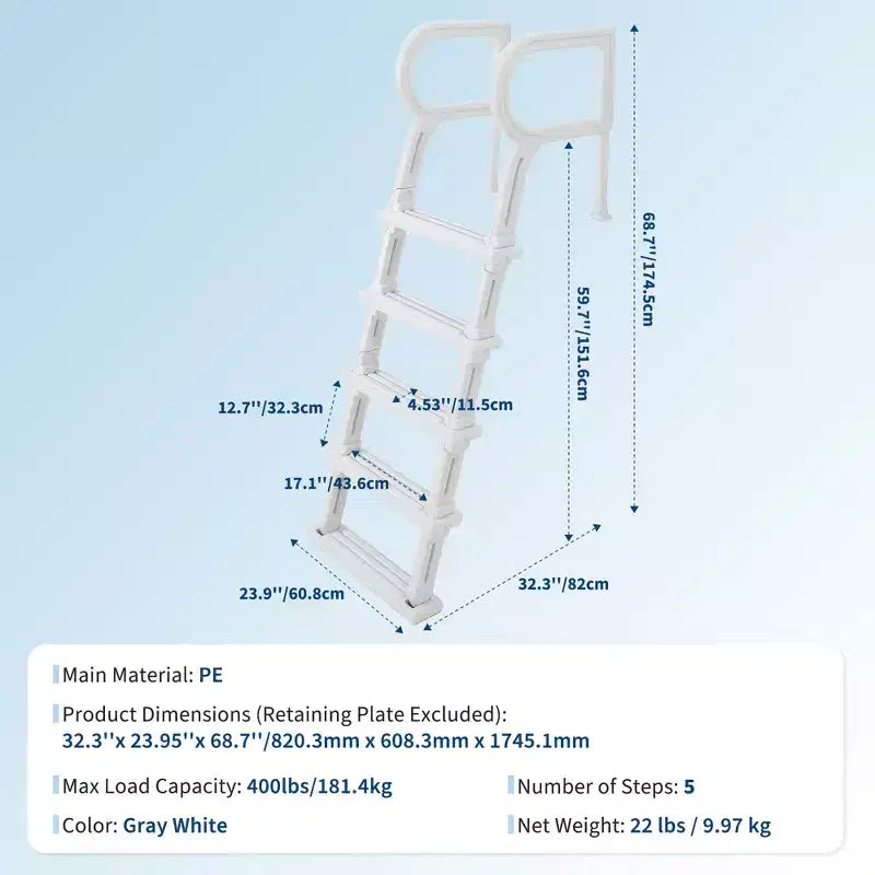 Stevige zwembadladder met 5 treden en dubbele leuningen, antislip en robuuste PE-treden, draagvermogen van 400 lb, geschikt voor ingegraven en bovengrondse zwembaden van 48-54 inch