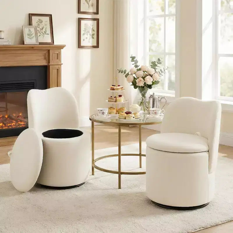 Chaise de coiffeuse pivotante avec rangement, tabouret rond rembourré avec dossier, fauteuil tonneau d’appoint doux et rembourré pour chambre et salon