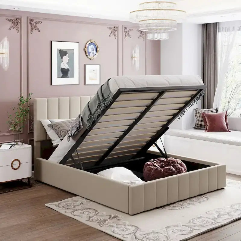 Lit plateforme queen-size rembourré avec système de rangement hydraulique - beige