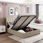 Lit plateforme queen-size rembourré avec système de rangement hydraulique - beige
