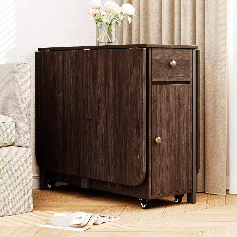 ATJafurn 59-Zoll-Klapptisch mit abklappbaren Tischplatten für kleine Räume, rechteckiger ausziehbarer Küchentisch aus Holz mit Rollen und Stauraum