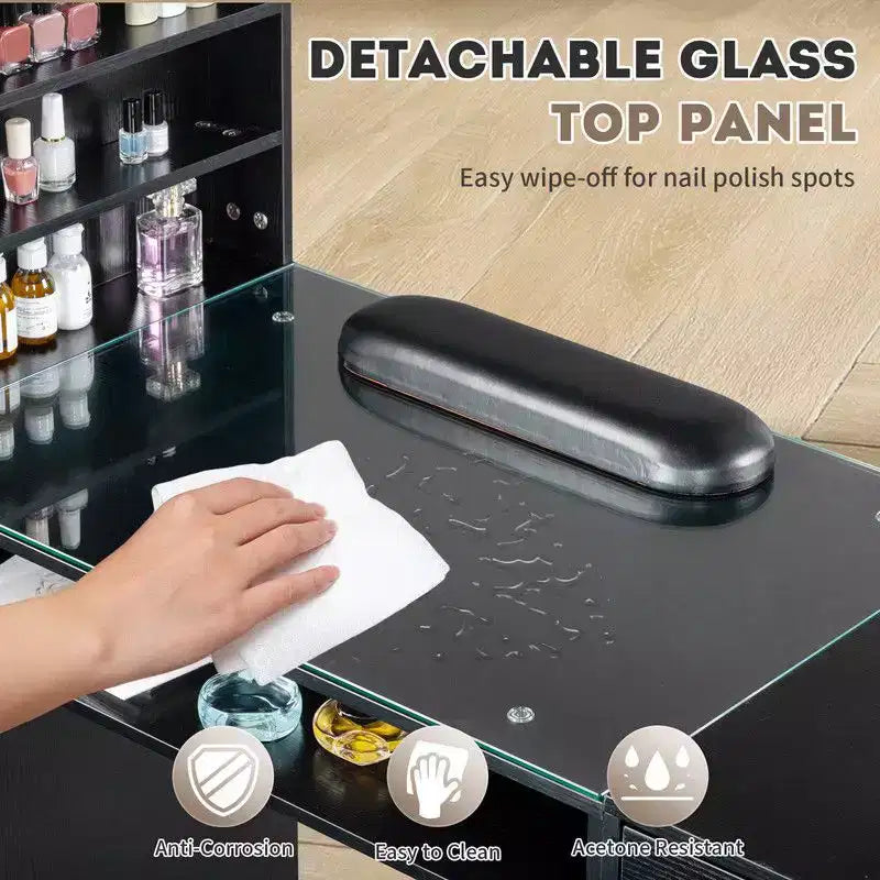 Schwarzer und rosafarbener moderner Maniküre-Nageltisch mit Glasplatte und Handgelenkauflage, Einzelplatz