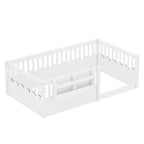 Bellemave Kids Floor Bed with Heightened Fence and Bookshelf, Wooden Twin Montessori Bed Frame for Girls Boys
