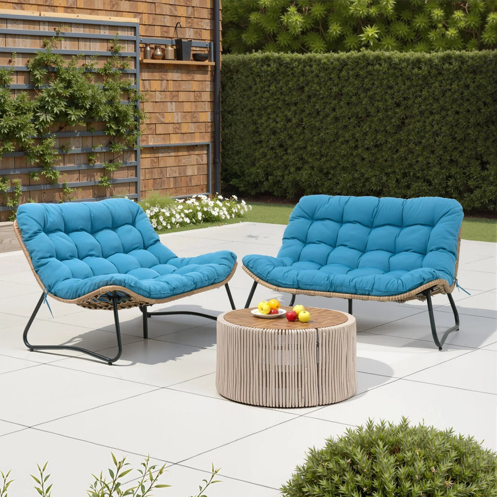 Fauteuil double Papasan avec coussin, rotin PE toutes saisons et structure en métal, pour intérieur et extérieur