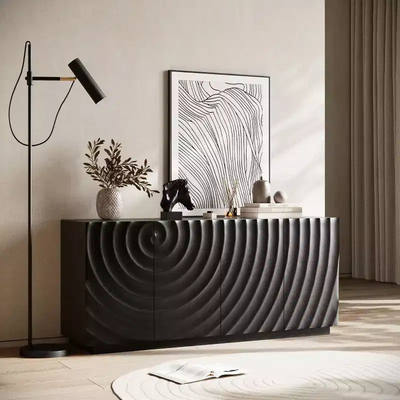 Buffet bahut en spirale moderne 59, meuble de rangement d’entrée artistique bas avec portes à texture ondulée 3D