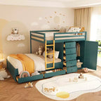 Lit superposé deux places sur deux places avec armoire de rangement et tiroirs, lit superposé en bois deux places gain de place avec barrière de sécurité pour appartement et chambre