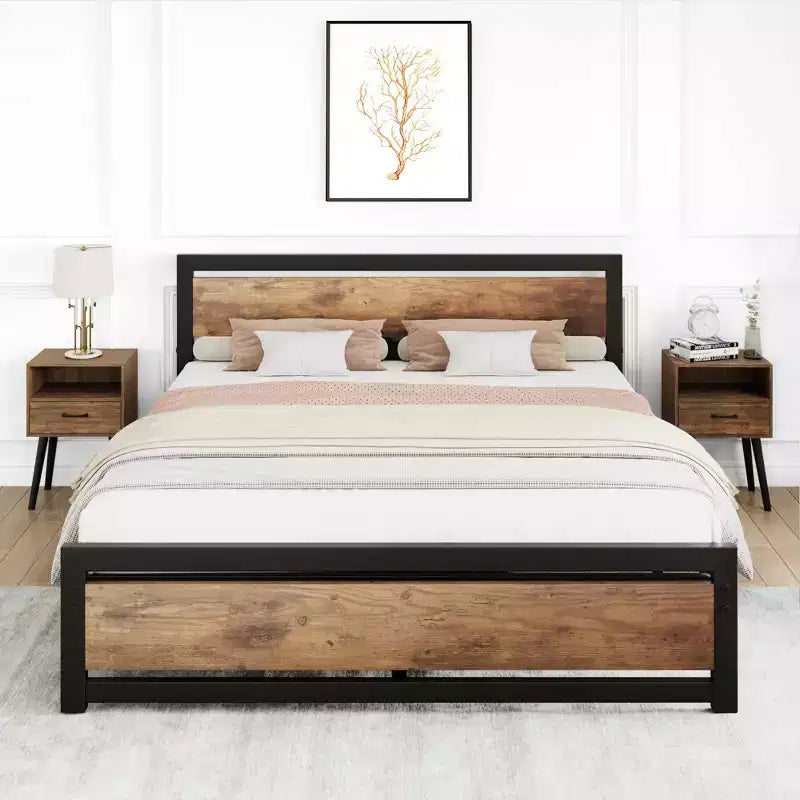 Cadre de lit robuste avec tête et pied de lit, plateforme métallique avec espace de rangement de 13,8, montage silencieux et sans outils, marron vintage