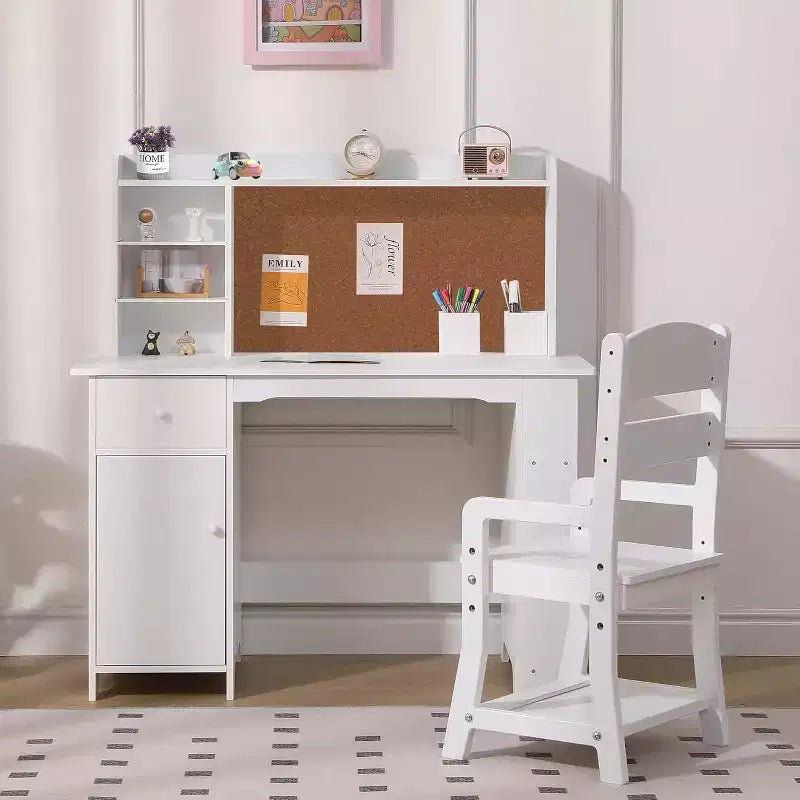 Kinderschreibtisch mit Stuhl-Set für Jungen und Mädchen, hölzerner Kinderschreibtisch mit Bücherregal, Pinnwand, Schrank und Schublade für Kinder von 3–8 Jahren