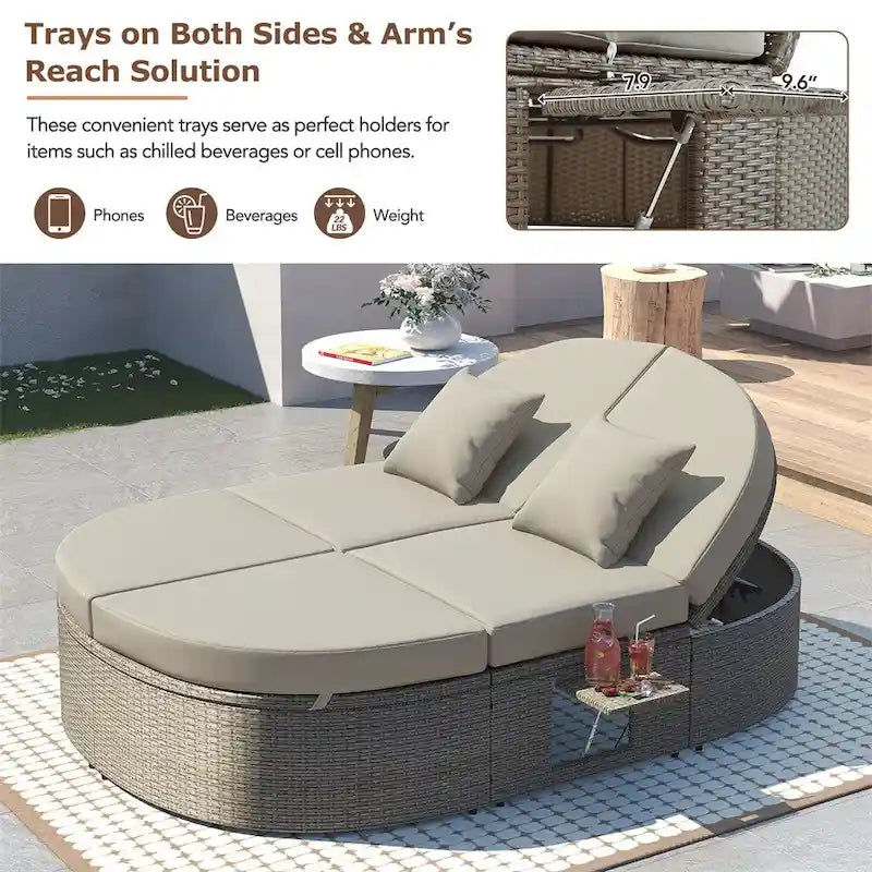 Outdoor-Sonnenliege für die Terrasse, 2-Personen-Tagesbett mit Polstern und Kissen