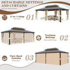EROMMY Pavillon mit festem Dach, Outdoor-Pergola mit Doppeldach, Netzvorhängen und Vorhängen, robustes Vordach für Terrasse, Garten und Poolpartys