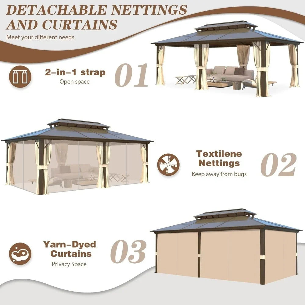 EROMMY Pavillon mit festem Dach, Outdoor-Pergola mit Doppeldach, Netzvorhängen und Vorhängen, robustes Vordach für Terrasse, Garten und Poolpartys