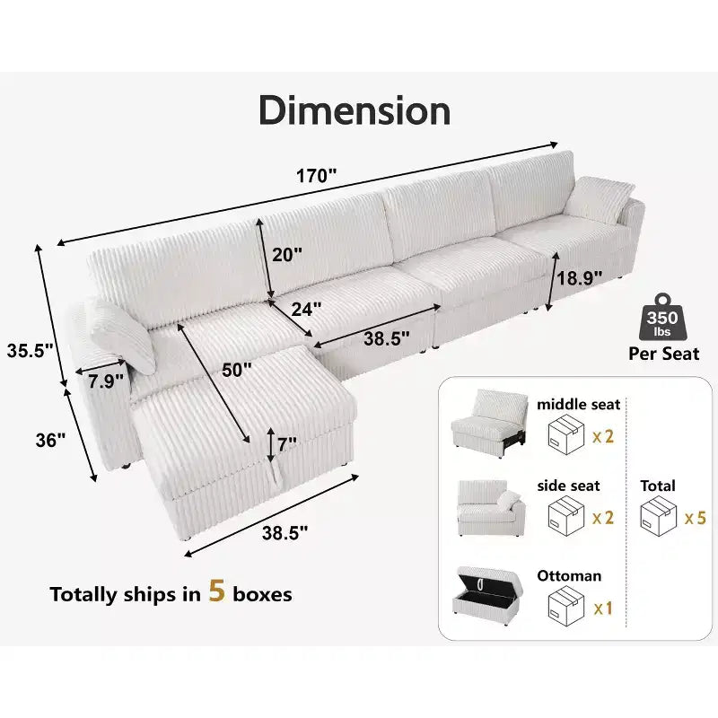 Dyonery Modular Corduroy Sectional Sofa with Washable Covers