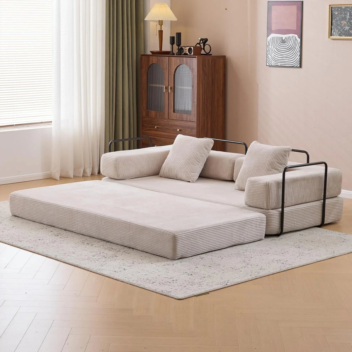 Convertible Floor Sofa Bed with Pillow Back Chenille Fabric for Living Room Bedroom