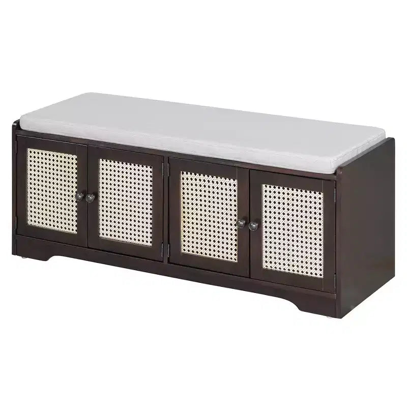 Banc de rangement rustique en bois Whisen, banc à chaussures pour entrée avec coussin amovible et étagères réglables