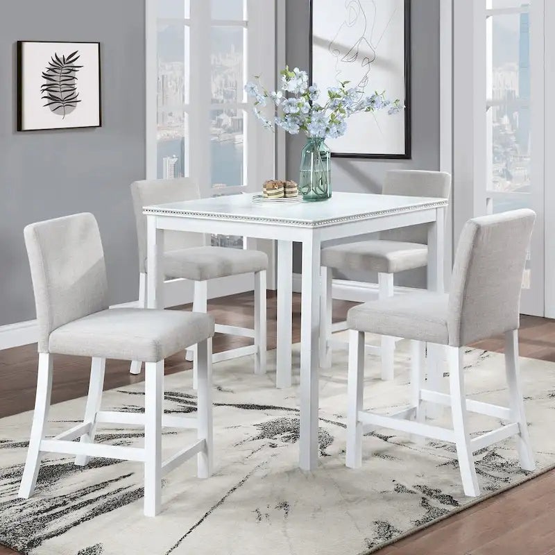Modernes 5-teiliges Esszimmer-Set mit quadratischem Tisch in Tresenhöhe und 4 gepolsterten Stühlen