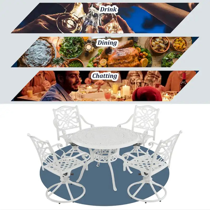 Ensemble de salle à manger de patio en aluminium moulé en 5 pièces avec 4 chaises pivotantes