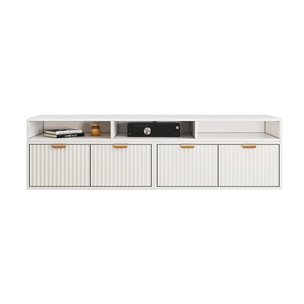 Meuble TV d'angle moderne blanc à 2 tiroirs avec rangement ouvert